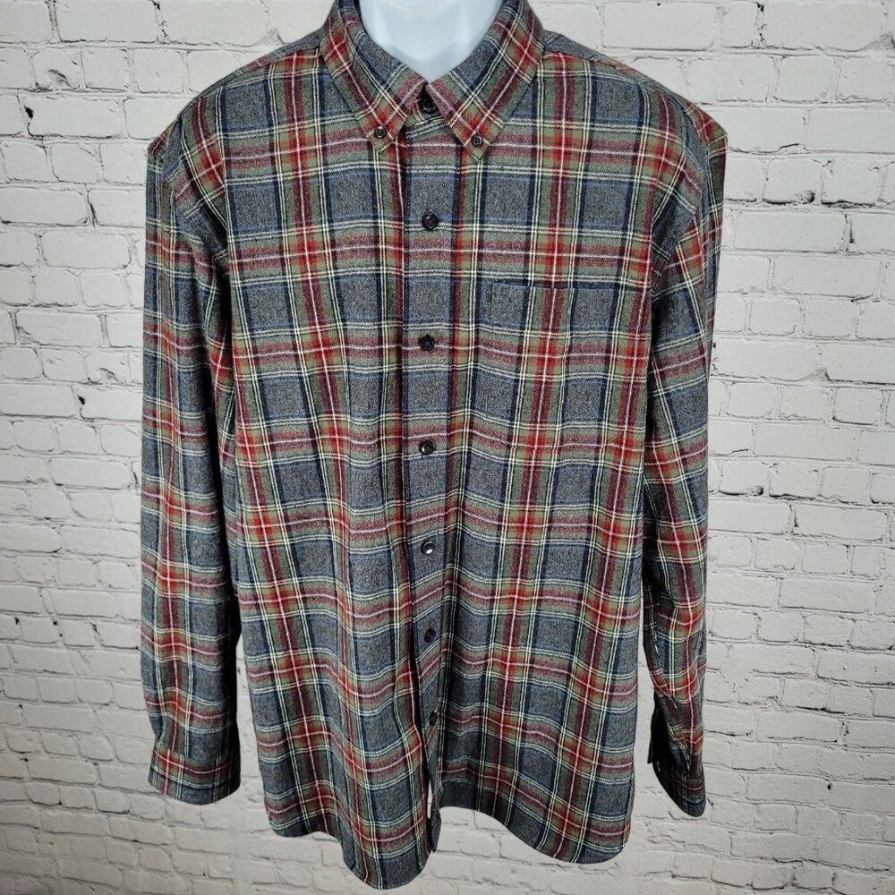 LL Bean Grey Plaid Flannel Traditional Fit Button Down Collar Shirt Size Large L